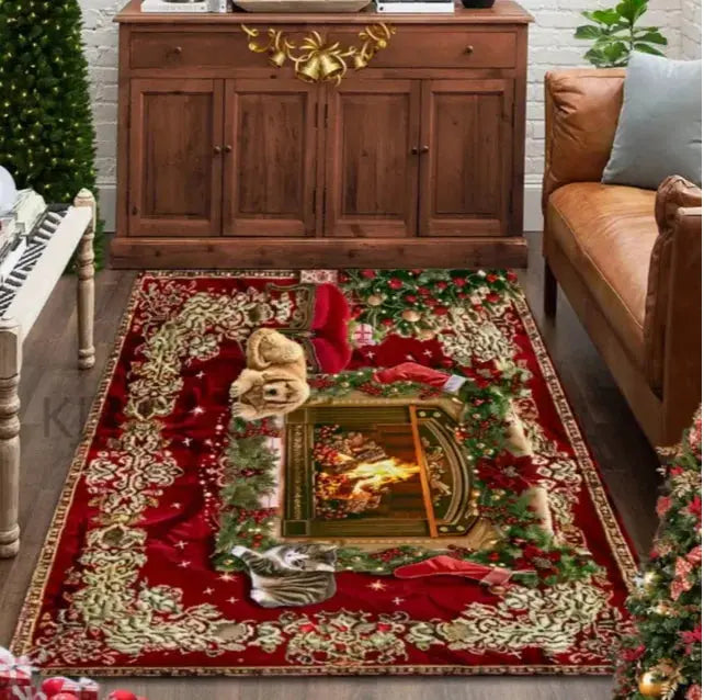 Christmas Carpet Red and White Snowflake Santa Claus Bottom for Living Room Bedroom Kitchen Floor Christmas Party Decoration EnjoyingLeb Online