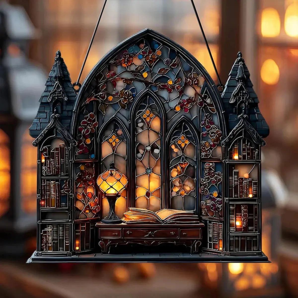 Halloween Gothic House Hanging Decor Acrylic Building Shape with Book & Lantern Design Window Pendant Art Wall Ornament for Home EnjoyingLeb Online