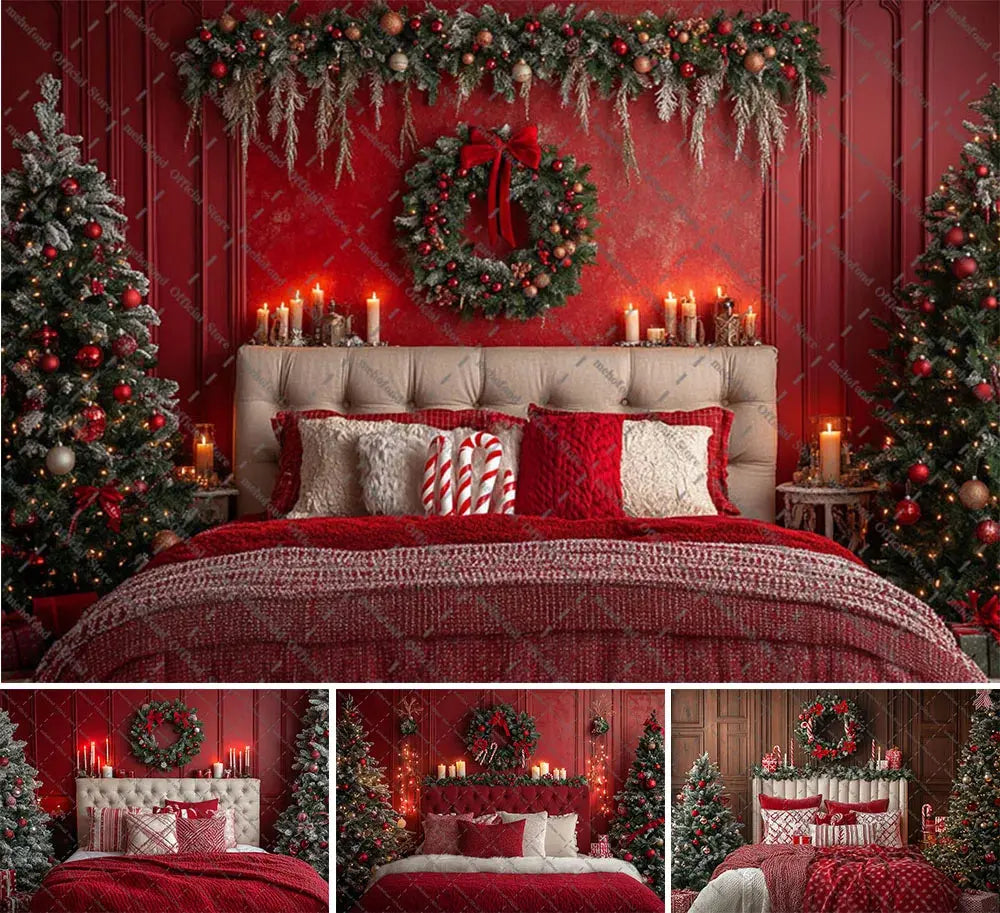 Mehofond Photography Background Christmas Red Panel Wall Headboard Xmas Tree Kids Family Portrait Decor Backdrop Photo Studio EnjoyingLeb Online