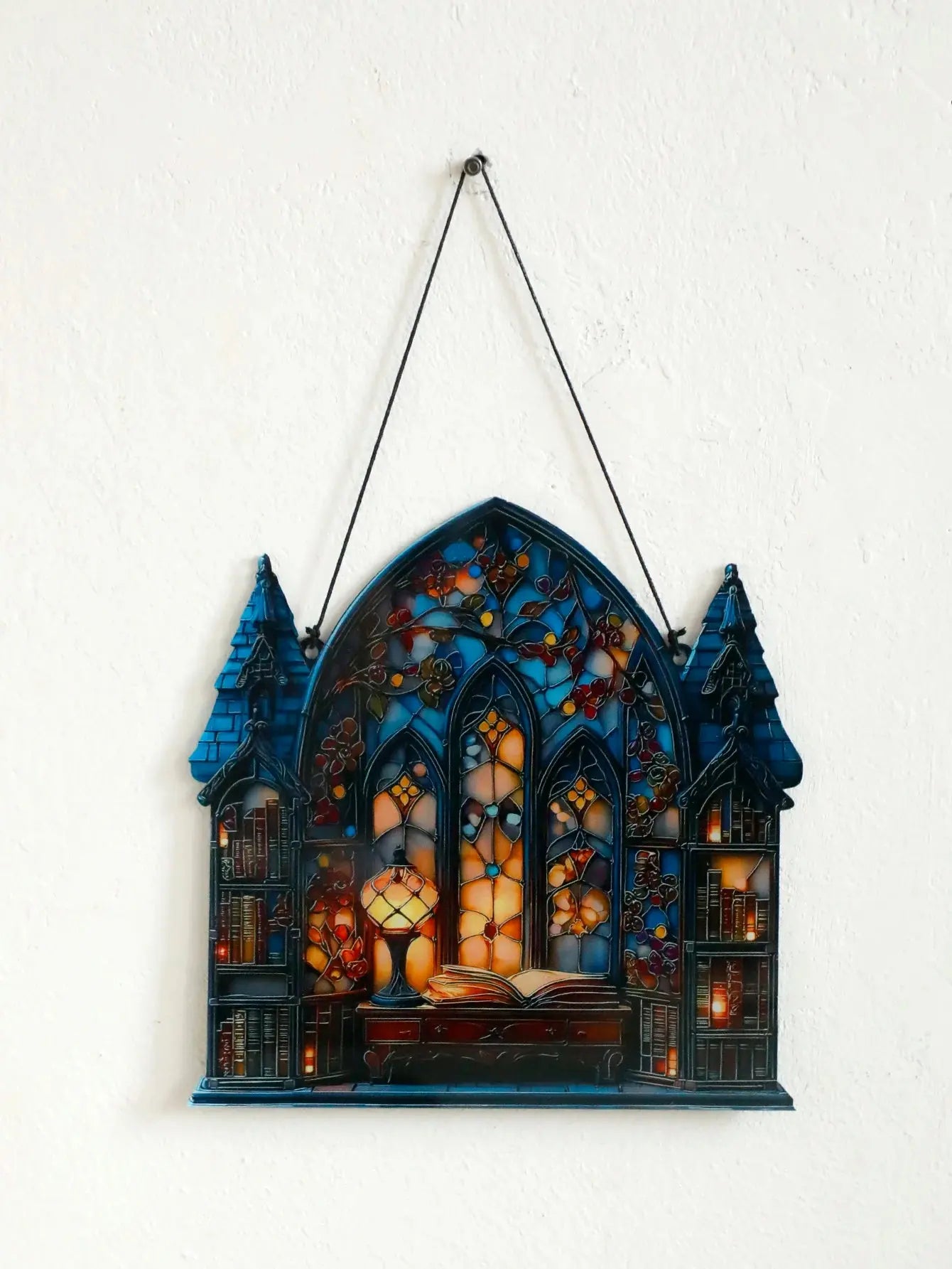 Halloween Gothic House Hanging Decor Acrylic Building Shape with Book & Lantern Design Window Pendant Art Wall Ornament for Home EnjoyingLeb Online