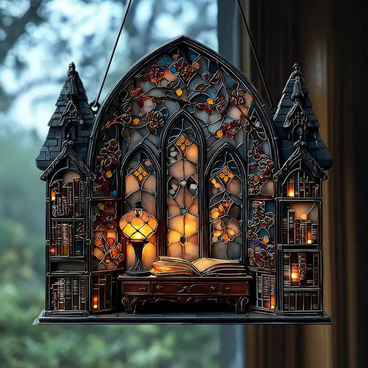 Halloween Gothic House Hanging Decor Acrylic Building Shape with Book & Lantern Design Window Pendant Art Wall Ornament for Home EnjoyingLeb Online