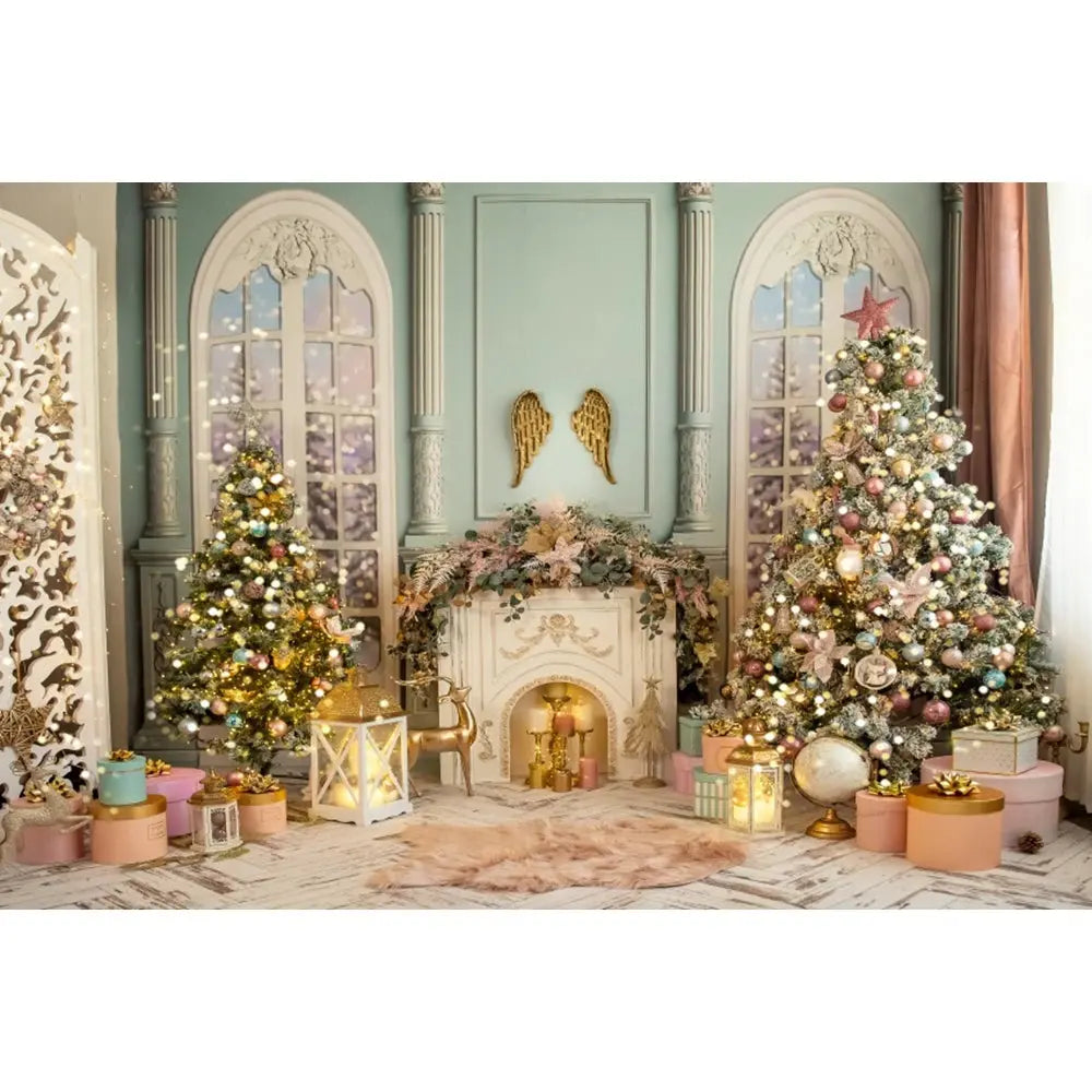Christmas Tree Backdrop Xmas Fireplace Window Santa Claus Gifts Brick Wall Winter Adult Family Party Baby Photography Background EnjoyingLeb Online