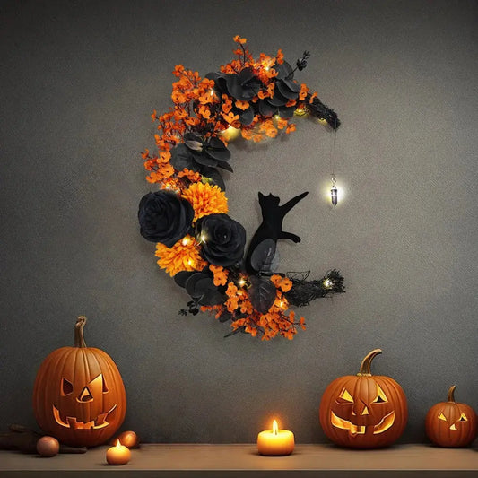 Halloween Door Hanging Decor Gothic Wreath Decoration Handmade Artificial Moon Cat Garland Durable for Indoor Outdoor Home Decor EnjoyingLeb Online