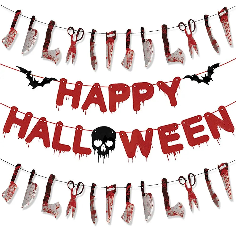 Halloween Party Decoration Happy Halloween Banner Bloody Butcher Knife Killer Tools Paper Garland for Horror Haunted House Decor EnjoyingLeb Online