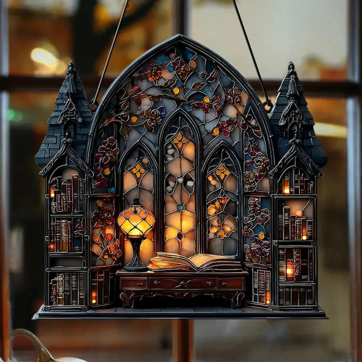 Halloween Gothic House Hanging Decor Acrylic Building Shape with Book & Lantern Design Window Pendant Art Wall Ornament for Home EnjoyingLeb Online