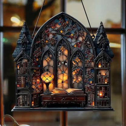 Halloween Gothic House Hanging Decor Acrylic Building Shape with Book & Lantern Design Window Pendant Art Wall Ornament for Home EnjoyingLeb Online
