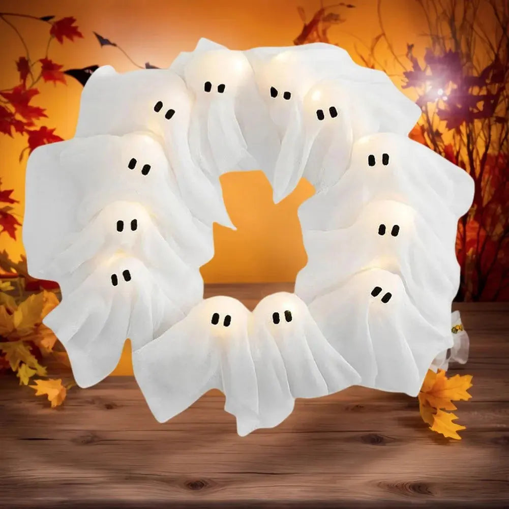 Glowing Halloween Decoration Led Spooky Lights Light-up Ghost Wreath Outdoor Wall Decor Spooky Front Door Hanging Decor EnjoyingLeb Online