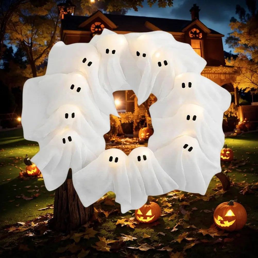 Glowing Halloween Decoration Led Spooky Lights Light-up Ghost Wreath Outdoor Wall Decor Spooky Front Door Hanging Decor EnjoyingLeb Online