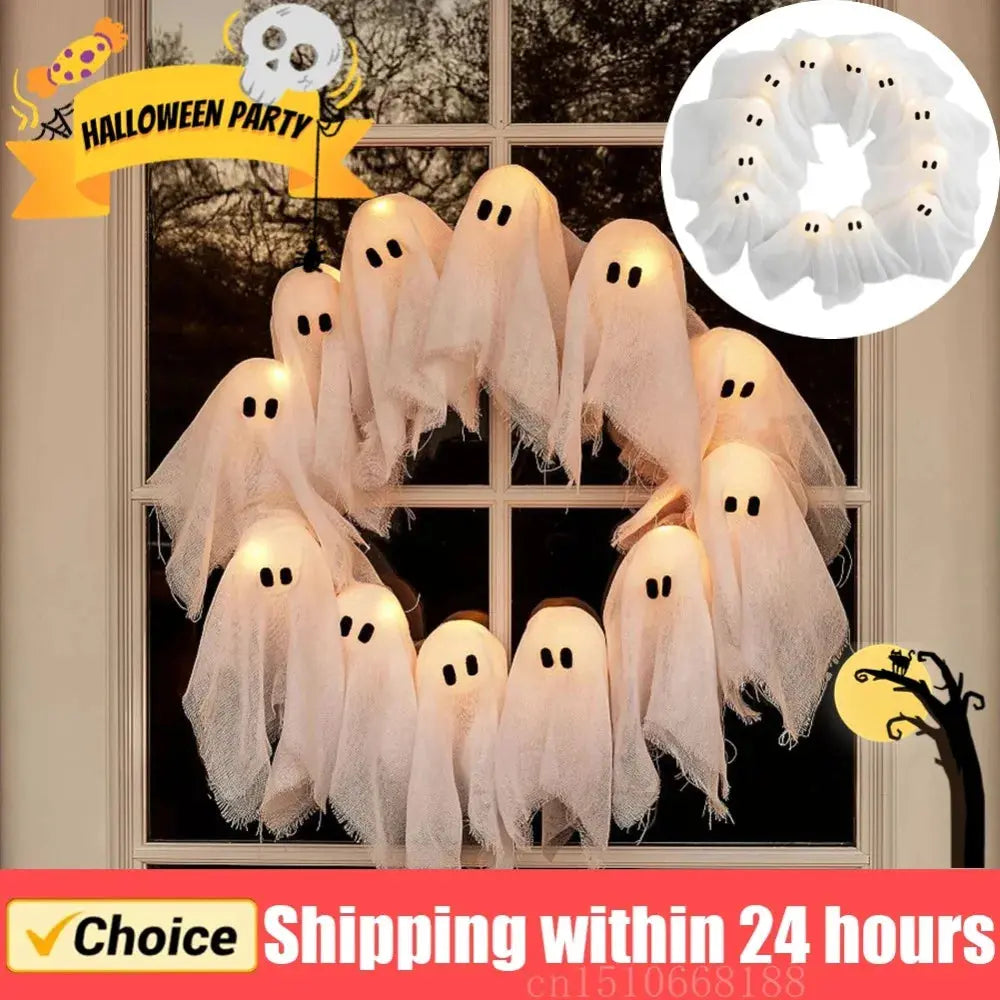 Glowing Halloween Decoration Led Spooky Lights Light-up Ghost Wreath Outdoor Wall Decor Spooky Front Door Hanging Decor EnjoyingLeb Online