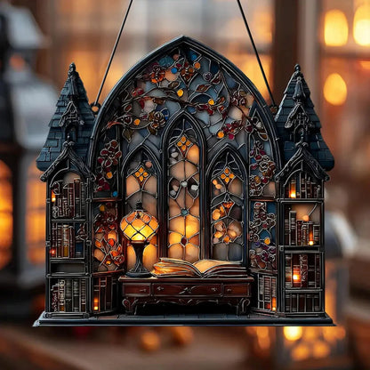 Halloween Gothic House Hanging Decor Acrylic Building Shape with Book & Lantern Design Window Pendant Art Wall Ornament for Home EnjoyingLeb Online