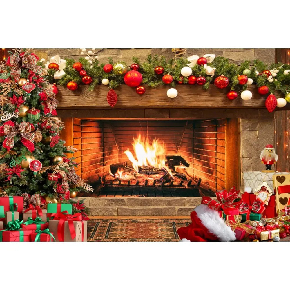 Christmas Tree Backdrop Xmas Fireplace Window Santa Claus Gifts Brick Wall Winter Adult Family Party Baby Photography Background EnjoyingLeb Online
