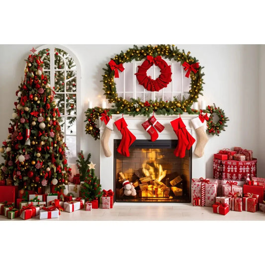 Christmas Tree Backdrop Xmas Fireplace Window Santa Claus Gifts Brick Wall Winter Adult Family Party Baby Photography Background EnjoyingLeb Online
