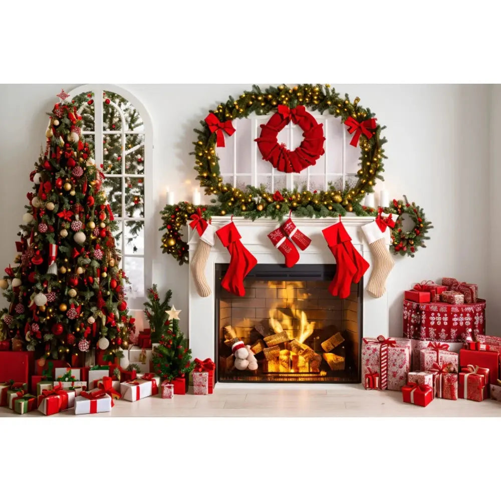 Christmas Tree Backdrop Xmas Fireplace Window Santa Claus Gifts Brick Wall Winter Adult Family Party Baby Photography Background EnjoyingLeb Online