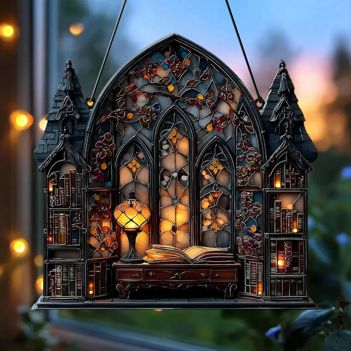 Halloween Gothic House Hanging Decor Acrylic Building Shape with Book & Lantern Design Window Pendant Art Wall Ornament for Home EnjoyingLeb Online