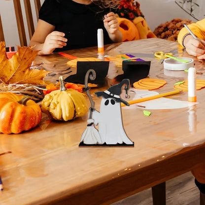 Halloween Decor Wooden Ghost with Witch Hat and Broom - Cute Home Party Ornament EnjoyingLeb Online