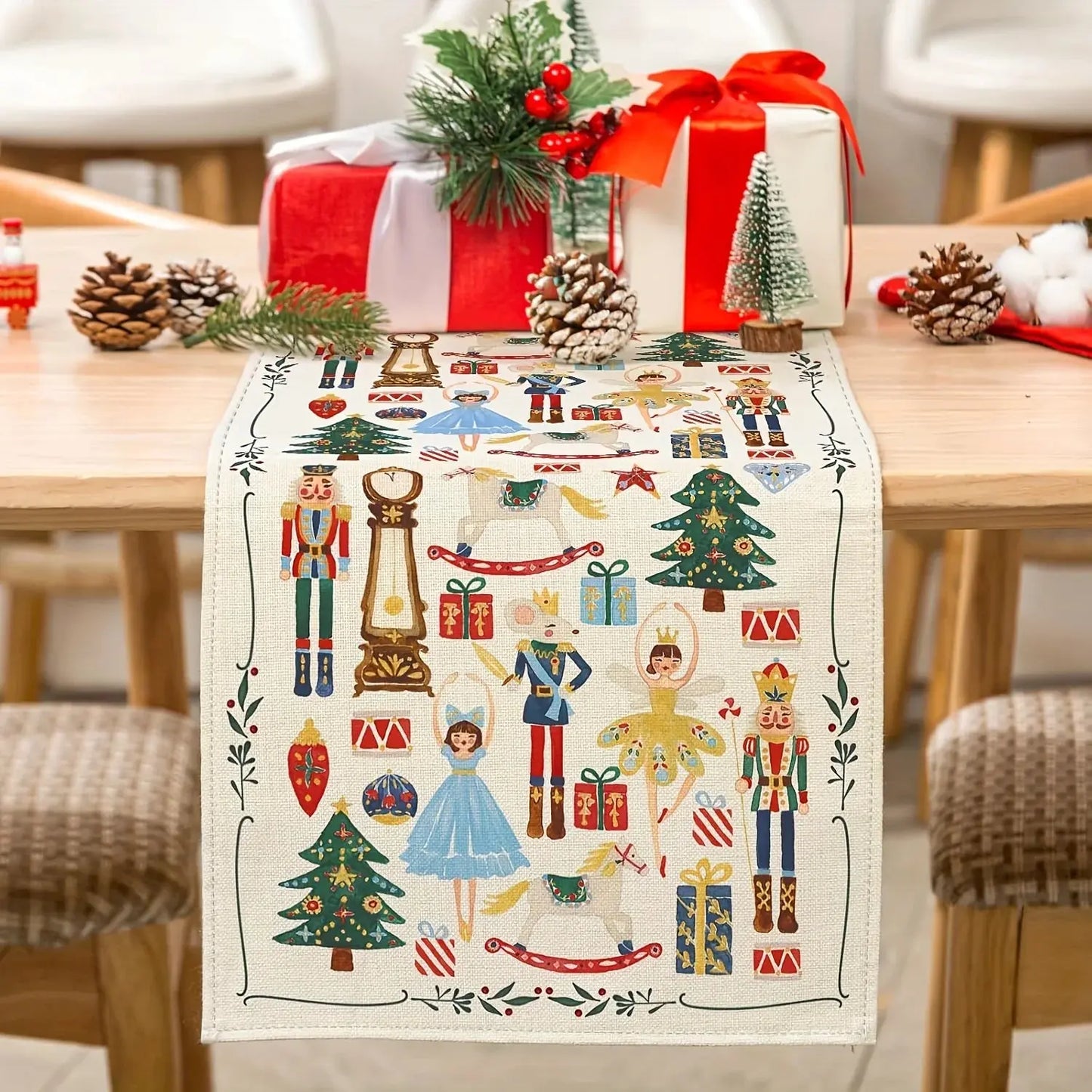 Vintage Nutcracker Christmas Table Runner Watercolor Holiday Decor Polyester Rectangular Tablecloth for Kitchen Christmas Decor EnjoyingLeb Online