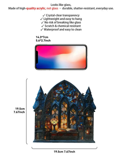 Halloween Gothic House Hanging Decor Acrylic Building Shape with Book & Lantern Design Window Pendant Art Wall Ornament for Home EnjoyingLeb Online