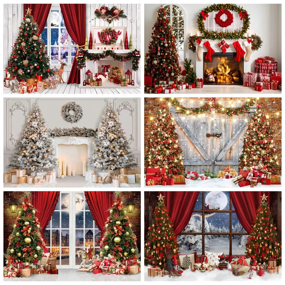 Christmas Tree Backdrop Xmas Fireplace Window Santa Claus Gifts Brick Wall Winter Adult Family Party Baby Photography Background EnjoyingLeb Online