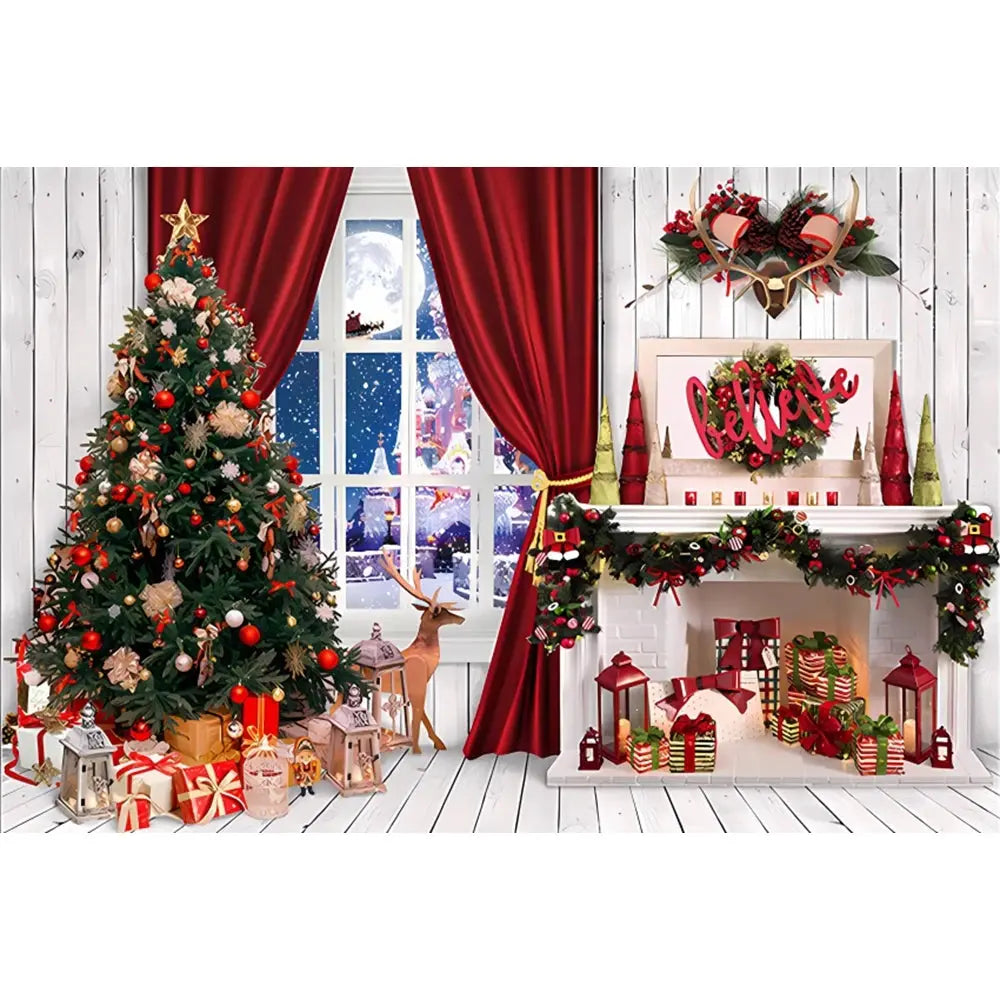 Christmas Tree Backdrop Xmas Fireplace Window Santa Claus Gifts Brick Wall Winter Adult Family Party Baby Photography Background EnjoyingLeb Online