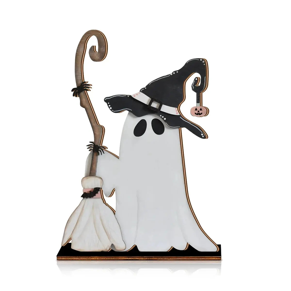 Halloween Decor Wooden Ghost with Witch Hat and Broom - Cute Home Party Ornament EnjoyingLeb Online