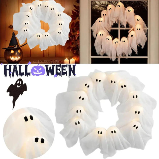 Glowing Halloween Decoration Led Spooky Lights Light-up Ghost Wreath Outdoor Wall Decor Spooky Front Door Hanging Decor EnjoyingLeb Online