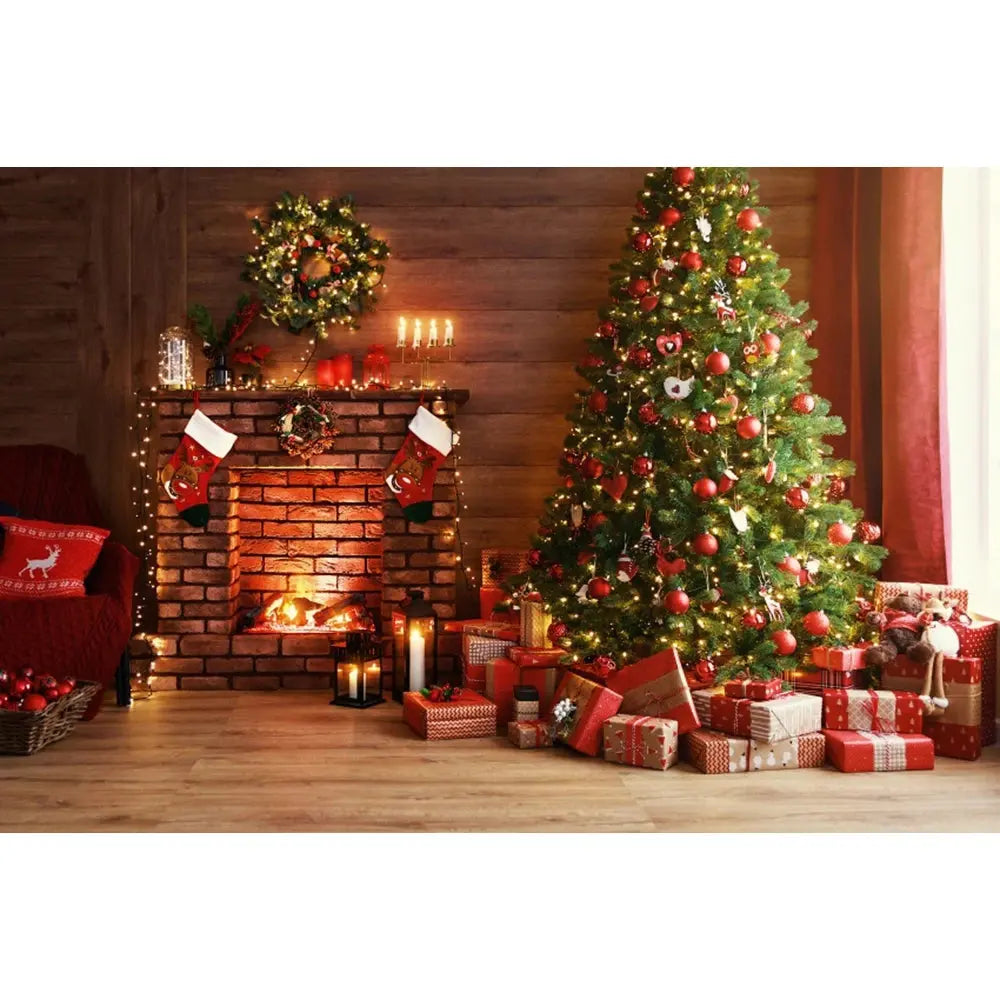 Christmas Tree Backdrop Xmas Fireplace Window Santa Claus Gifts Brick Wall Winter Adult Family Party Baby Photography Background EnjoyingLeb Online