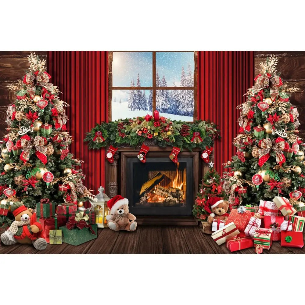 Christmas Tree Backdrop Xmas Fireplace Window Santa Claus Gifts Brick Wall Winter Adult Family Party Baby Photography Background EnjoyingLeb Online