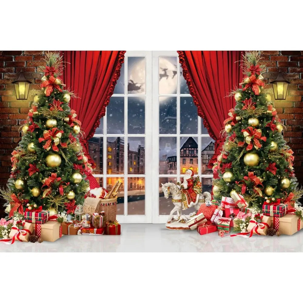Christmas Tree Backdrop Xmas Fireplace Window Santa Claus Gifts Brick Wall Winter Adult Family Party Baby Photography Background EnjoyingLeb Online