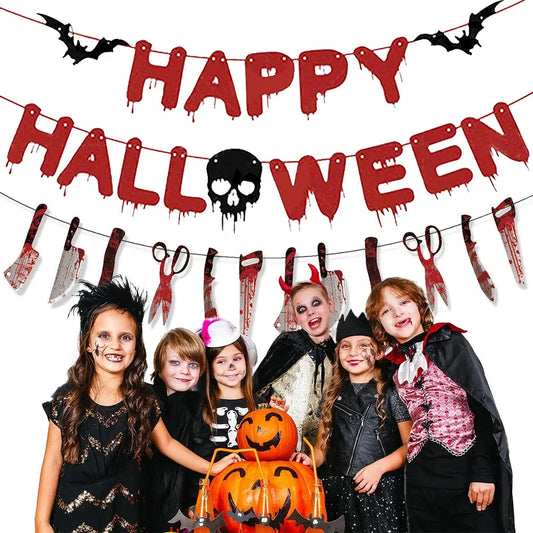Halloween Party Decoration Happy Halloween Banner Bloody Butcher Knife Killer Tools Paper Garland for Horror Haunted House Decor EnjoyingLeb Online