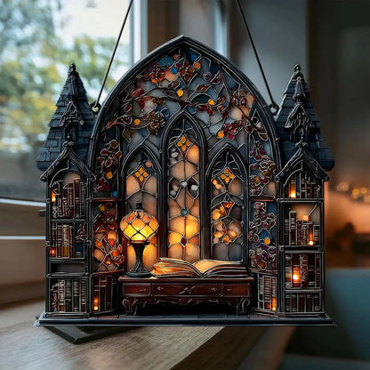 Halloween Gothic House Hanging Decor Acrylic Building Shape with Book & Lantern Design Window Pendant Art Wall Ornament for Home EnjoyingLeb Online