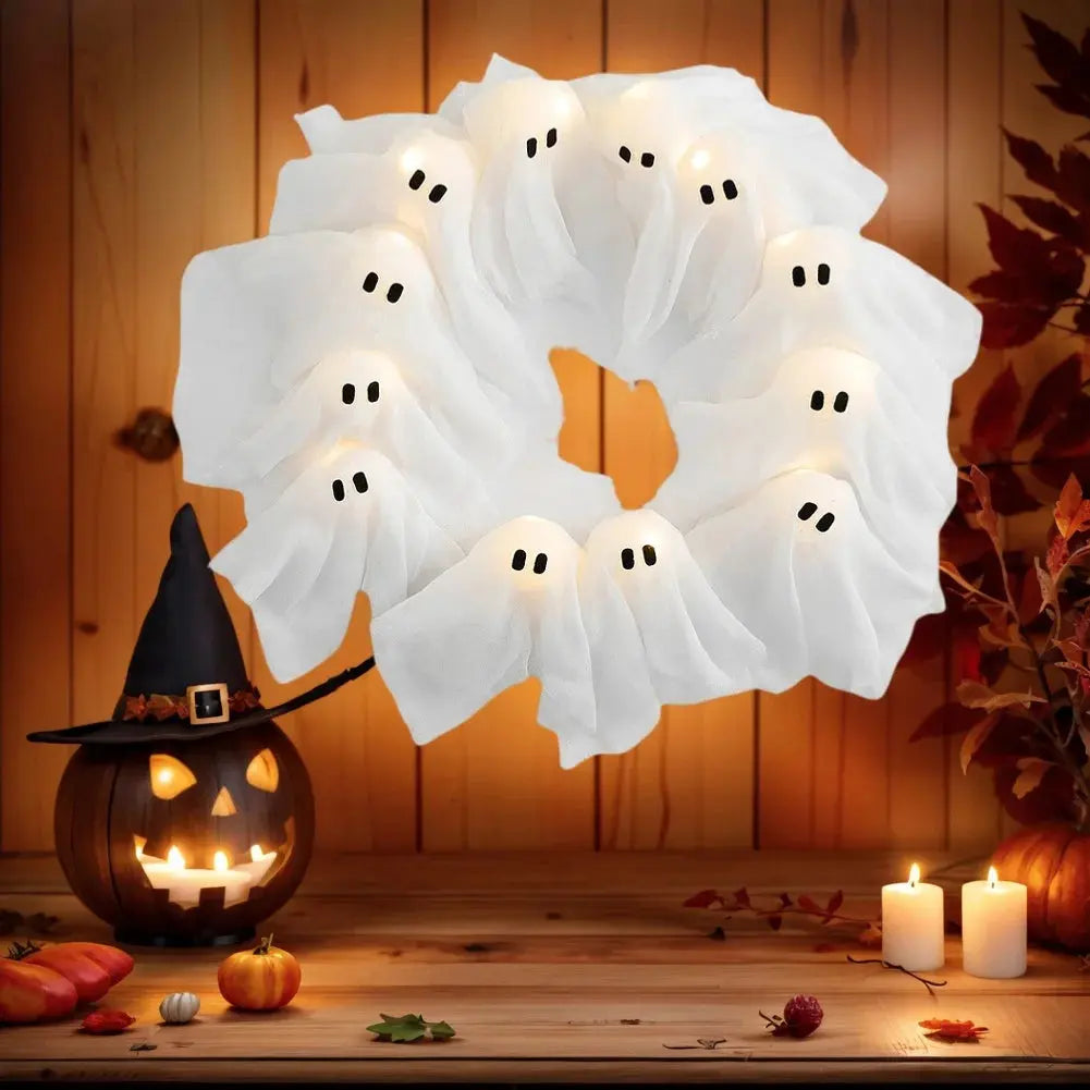 Glowing Halloween Decoration Led Spooky Lights Light-up Ghost Wreath Outdoor Wall Decor Spooky Front Door Hanging Decor EnjoyingLeb Online