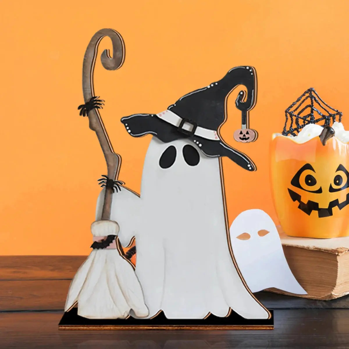 Halloween Decor Wooden Ghost with Witch Hat and Broom - Cute Home Party Ornament EnjoyingLeb Online