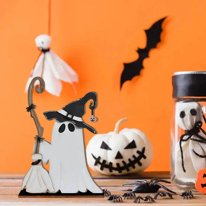 Halloween Decor Wooden Ghost with Witch Hat and Broom - Cute Home Party Ornament EnjoyingLeb Online